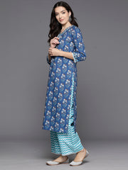 Indo Era Blue Printed Straight Kurta Palazzos With Dupatta Set