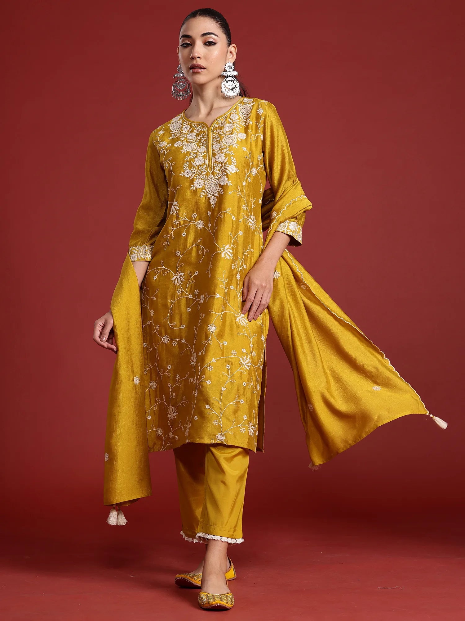 Yellow Embroidered Straight Kurta Trousers With Dupatta Set