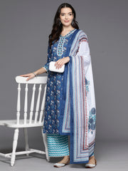 Indo Era Blue Printed Straight Kurta Palazzos With Dupatta Set