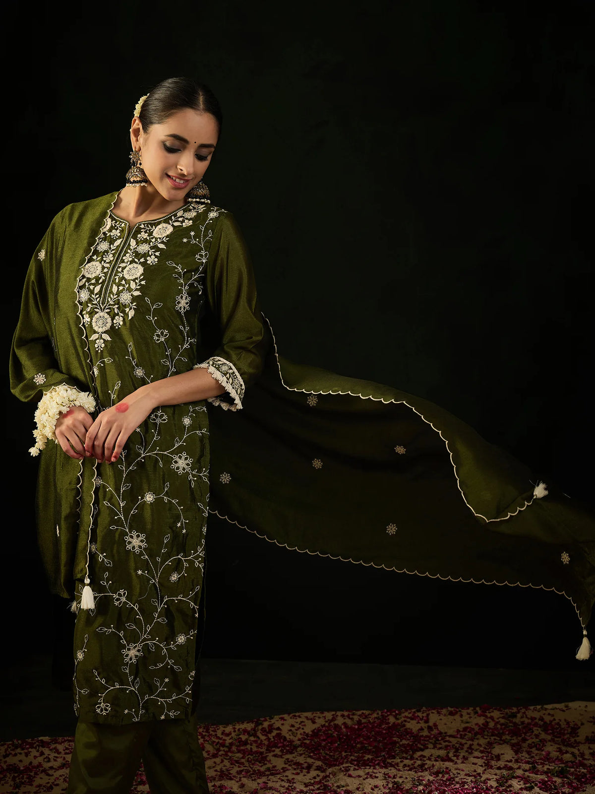 Green Embroidered Straight Kurta Trousers With Dupatta set