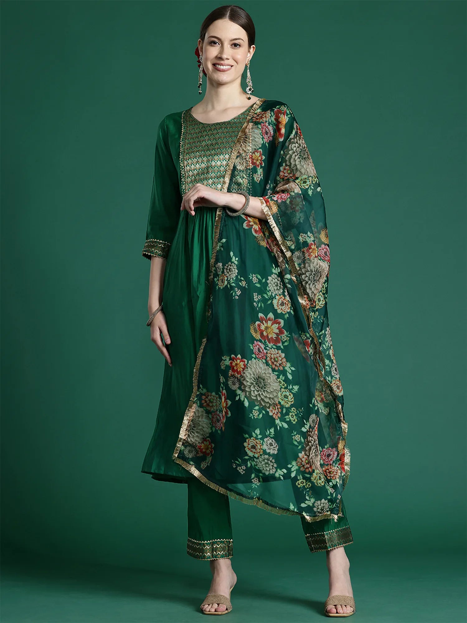 Green Yoke Design A-Line Kurta Trousers With Dupatta set