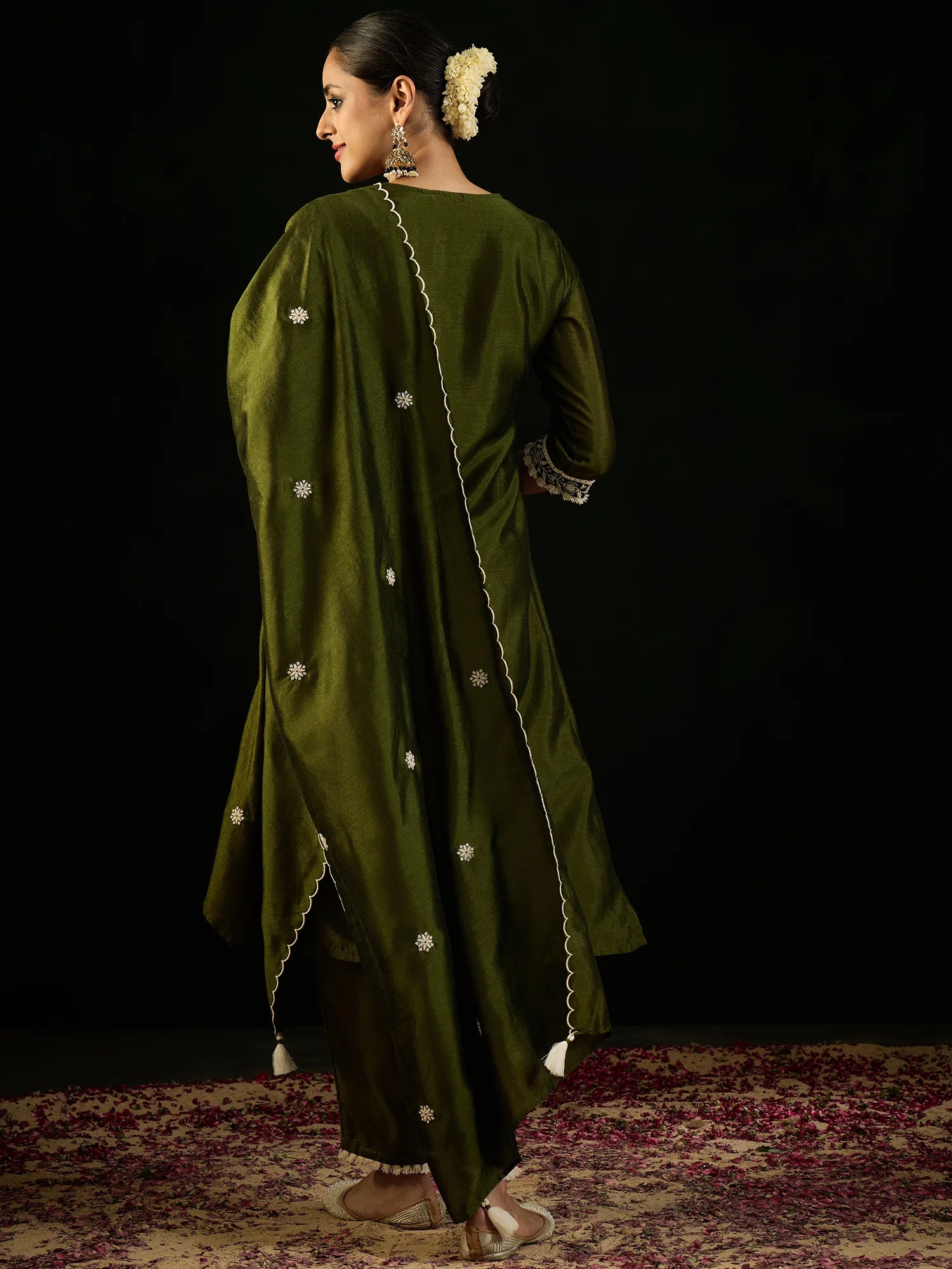 Green Embroidered Straight Kurta Trousers With Dupatta set