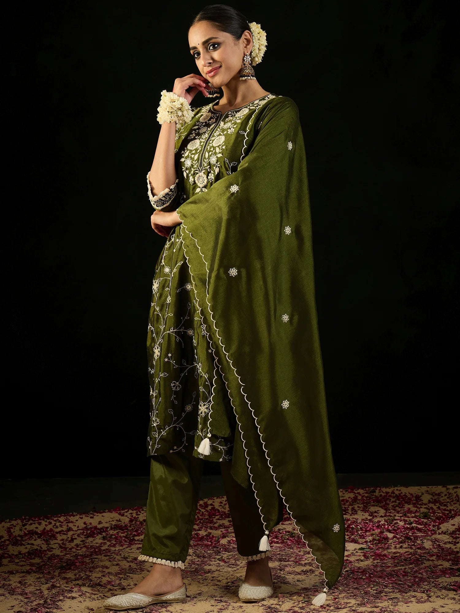 Green Embroidered Straight Kurta Trousers With Dupatta set