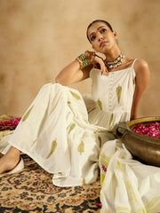 White Printed A-Line Kurta Trousers With Dupatta set