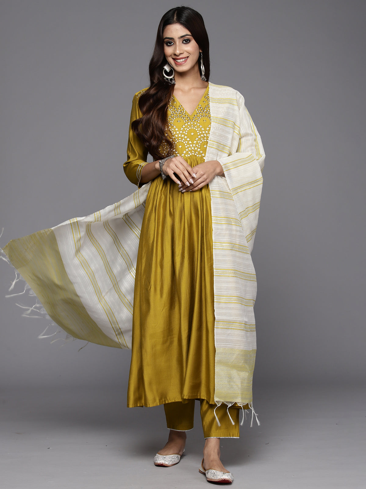 Indo Era Olive Embroidered A-Line Kurta Trousers With Dupatta Set