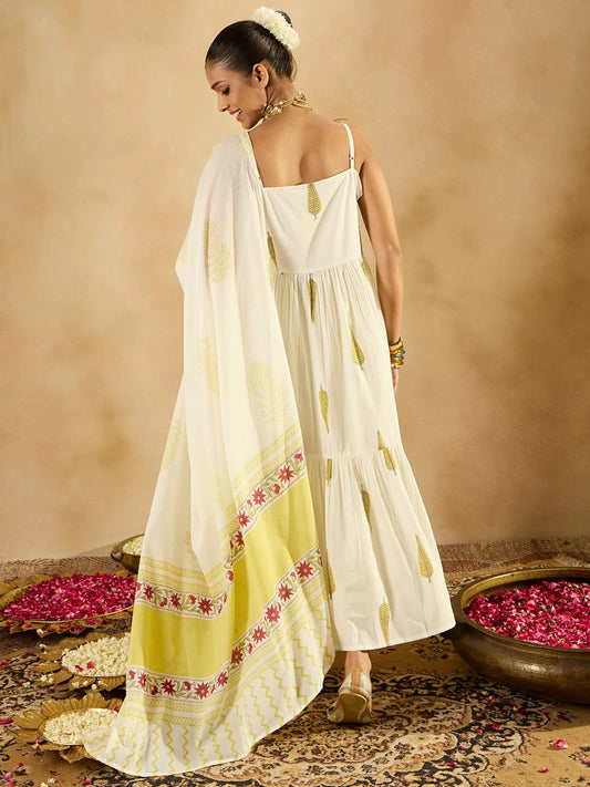 White Printed A-Line Kurta Trousers With Dupatta set