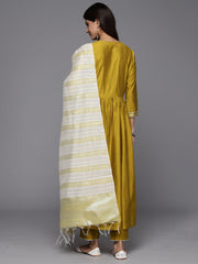 Indo Era Olive Embroidered A-Line Kurta Trousers With Dupatta Set