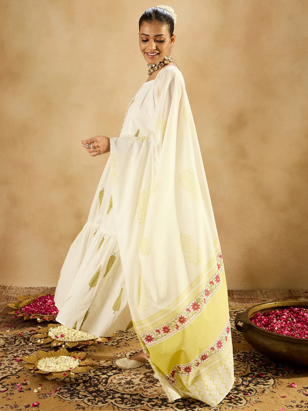 White Printed A-Line Kurta Trousers With Dupatta set