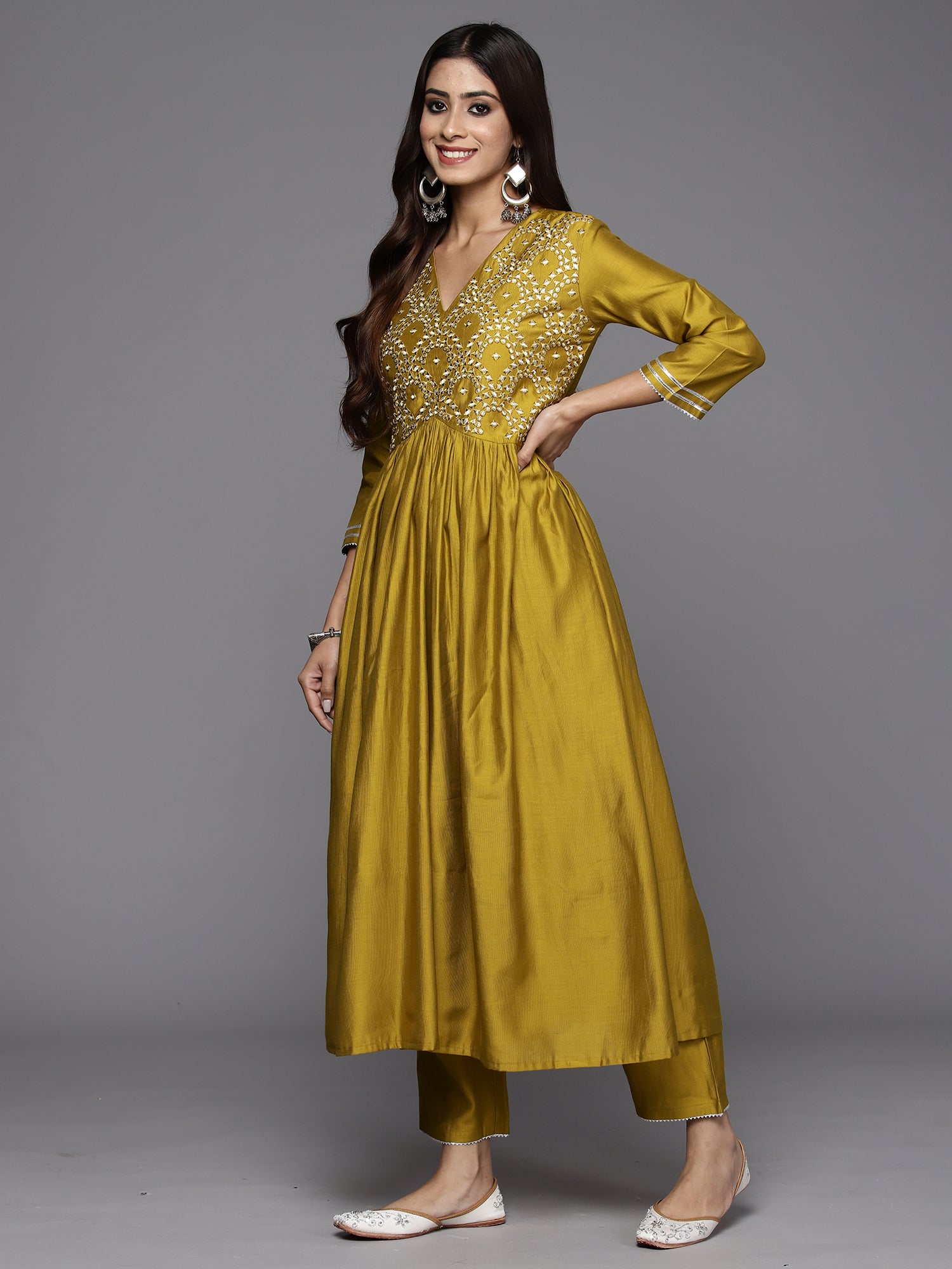 Indo Era Olive Embroidered A-Line Kurta Trousers With Dupatta Set