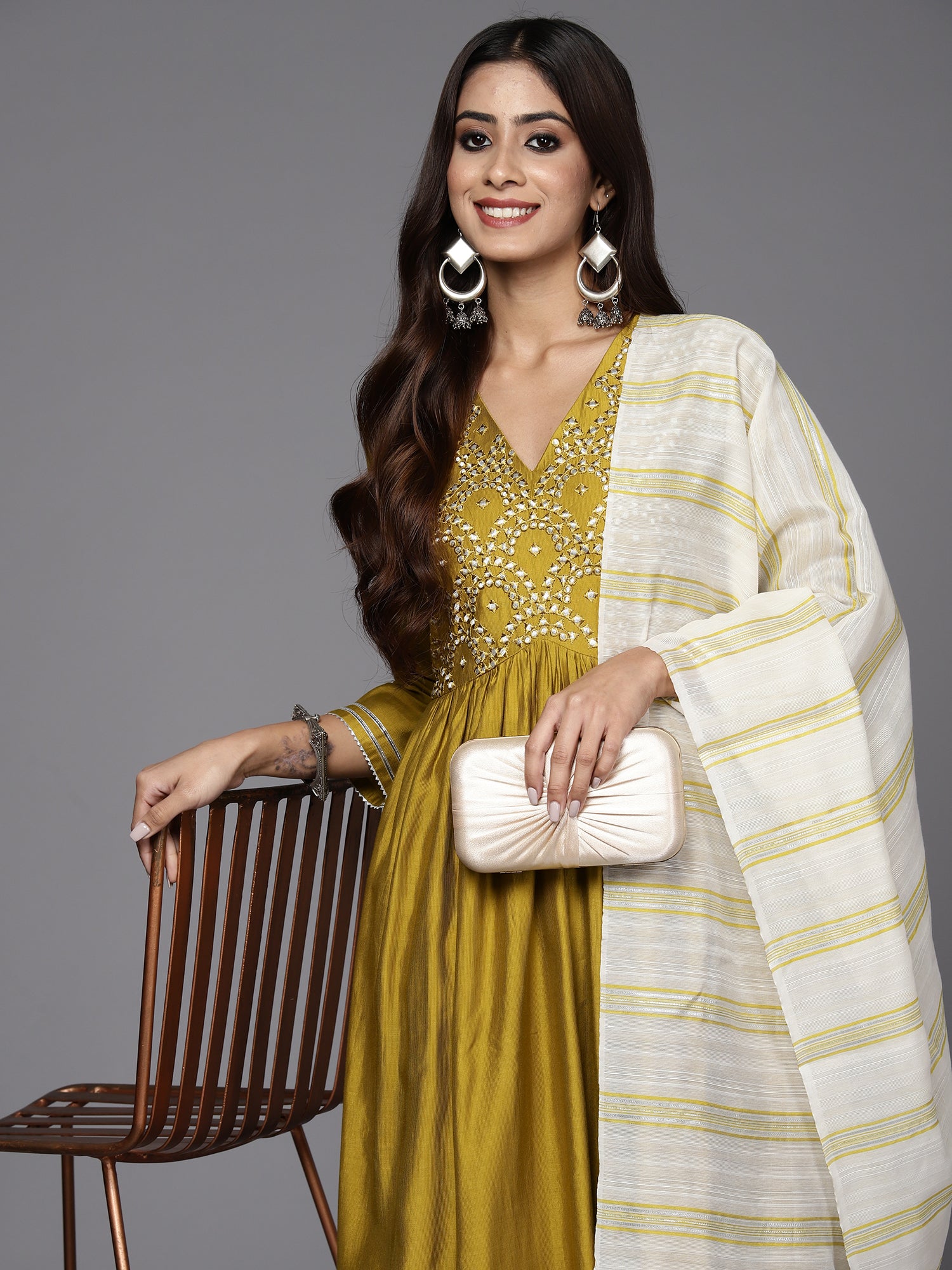 Indo Era Olive Embroidered A-Line Kurta Trousers With Dupatta Set