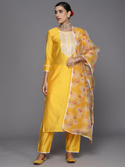 Indo Era Yellow Embroidered Straight Kurta Trousers With Dupatta Set