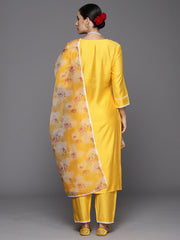 Indo Era Yellow Embroidered Straight Kurta Trousers With Dupatta Set