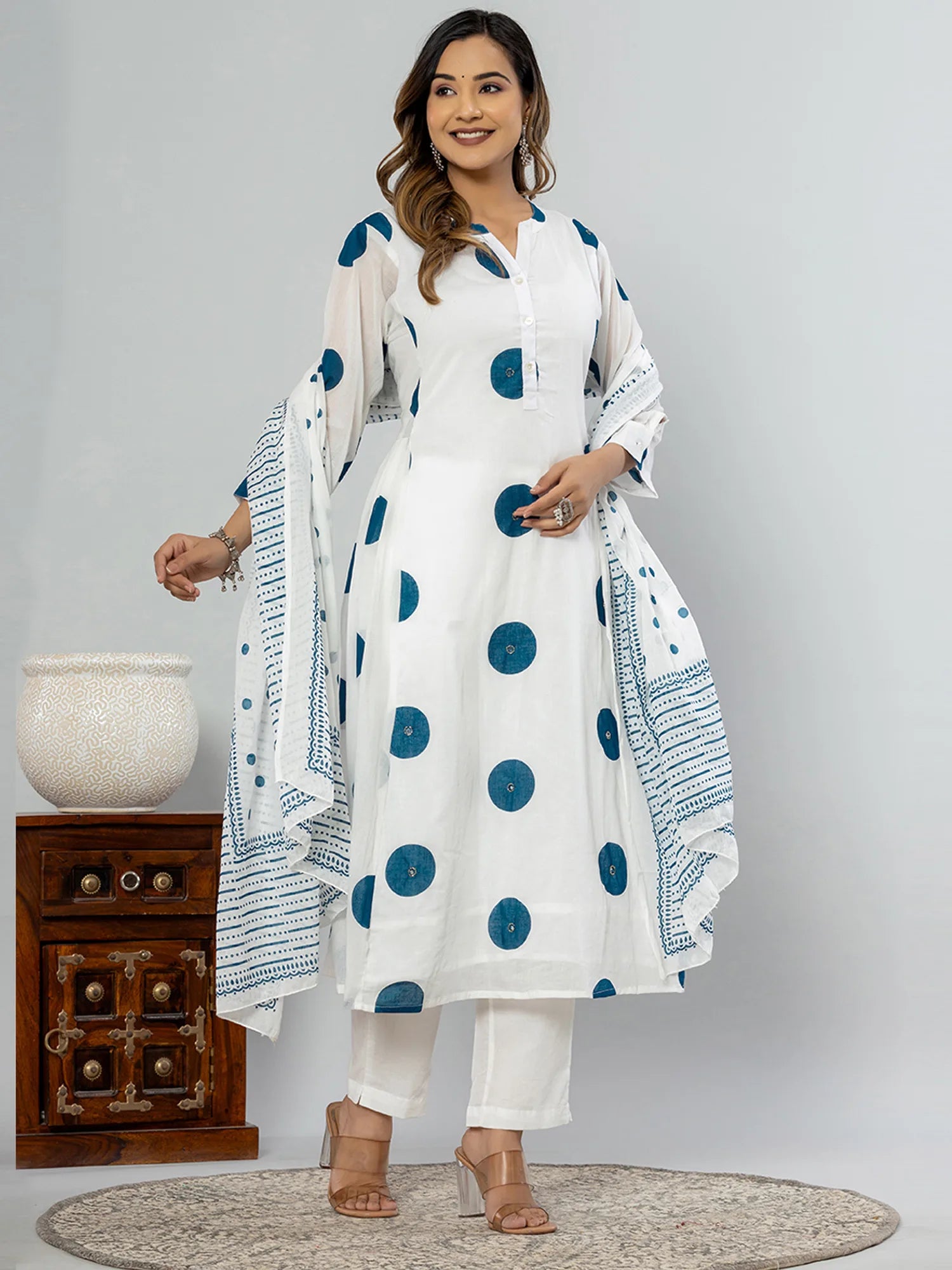 Off White Printed A-Line Kurta Trousers With Dupatta set