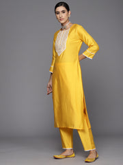 Indo Era Yellow Embroidered Straight Kurta Trousers With Dupatta Set