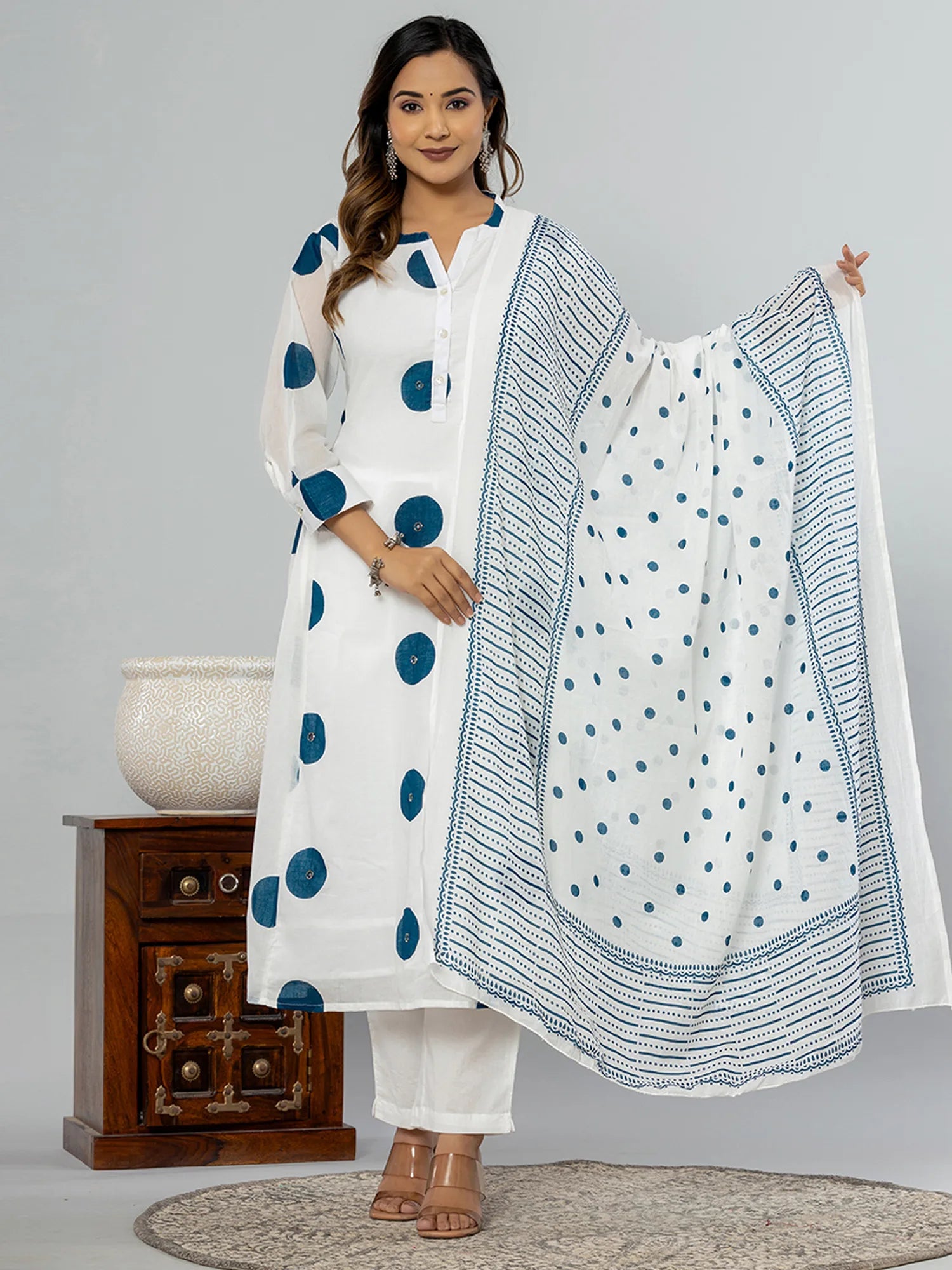 Off White Printed A-Line Kurta Trousers With Dupatta set