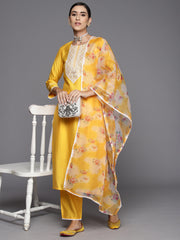 Indo Era Yellow Embroidered Straight Kurta Trousers With Dupatta Set