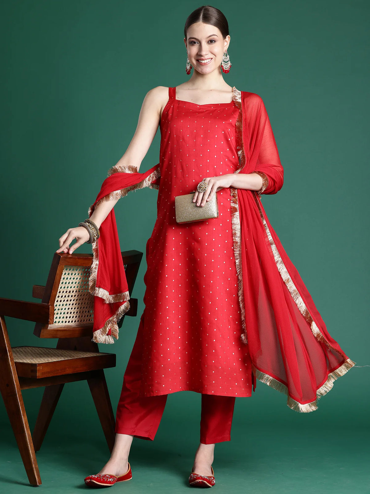 Red Woven Design Straight Kurta Trousers With Dupatta set