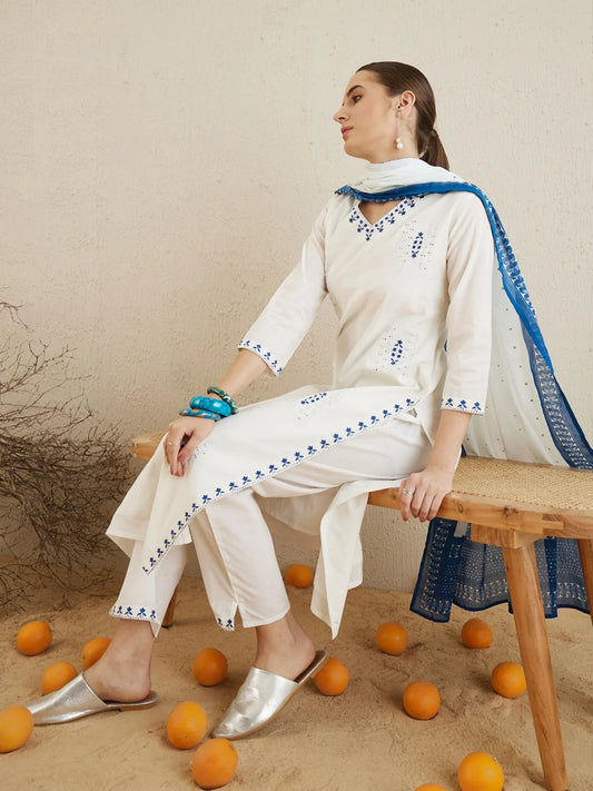 Off White Embroidered Straight Kurta Trousers With Dupatta set