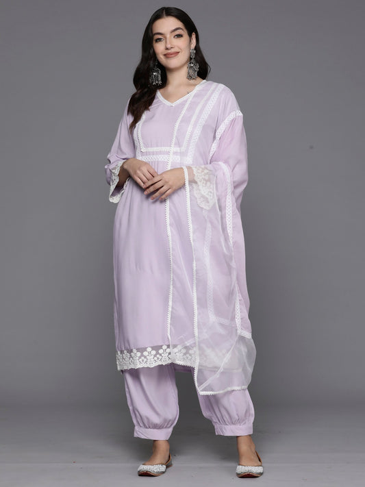 Indo Era Lavender Embroidered Straight Kurta Salwar With Dupatta Set