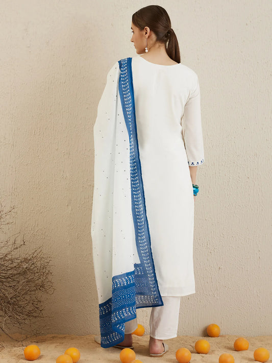 Off White Embroidered Straight Kurta Trousers With Dupatta set