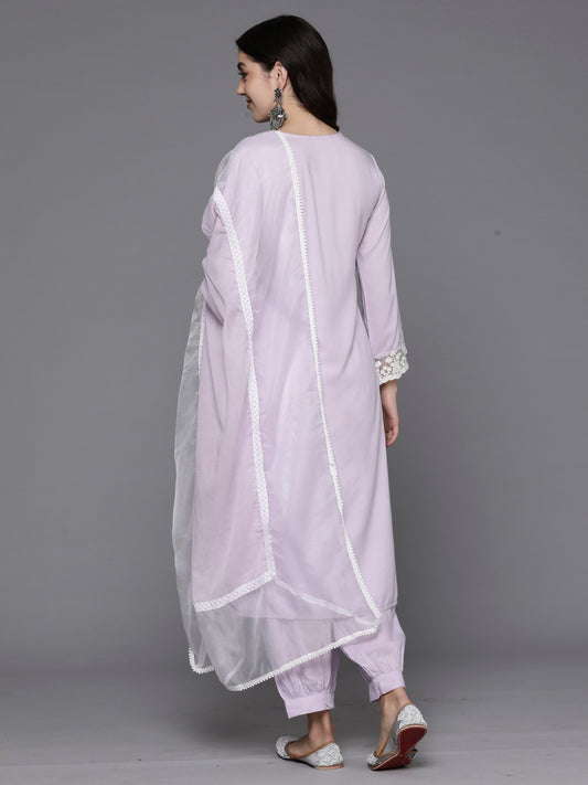 Indo Era Lavender Embroidered Straight Kurta Salwar With Dupatta Set