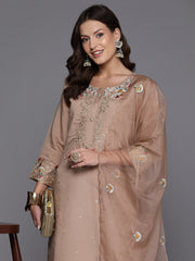 Indo Era Beige Embroidered Straight Kurta Trousers With Dupatta Set