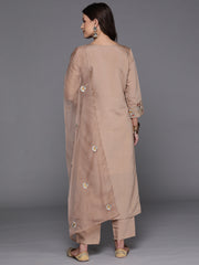 Indo Era Beige Embroidered Straight Kurta Trousers With Dupatta Set