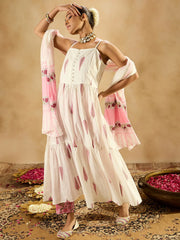 White Printed A-Line Kurta Trousers With Dupatta set