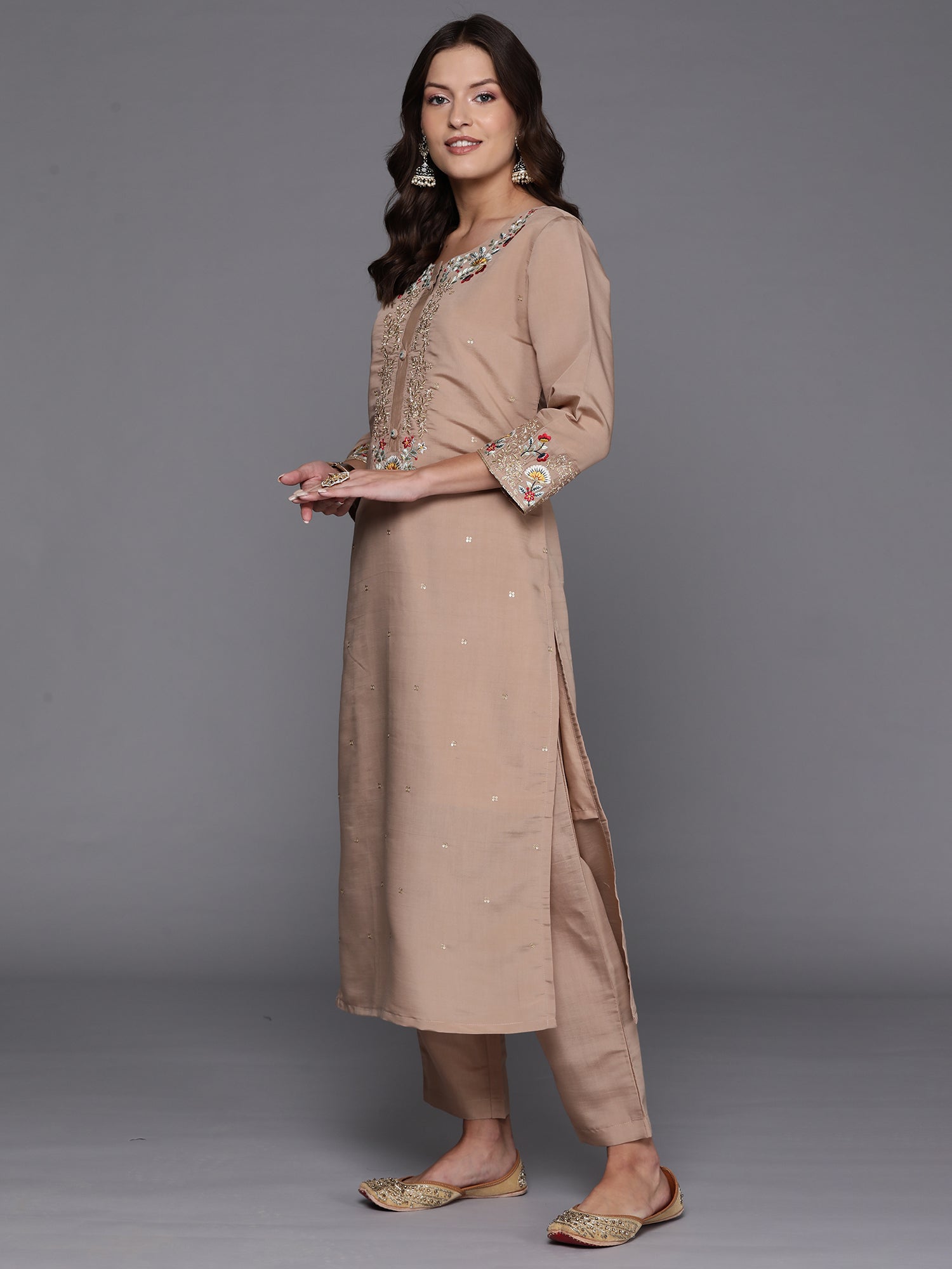 Indo Era Beige Embroidered Straight Kurta Trousers With Dupatta Set