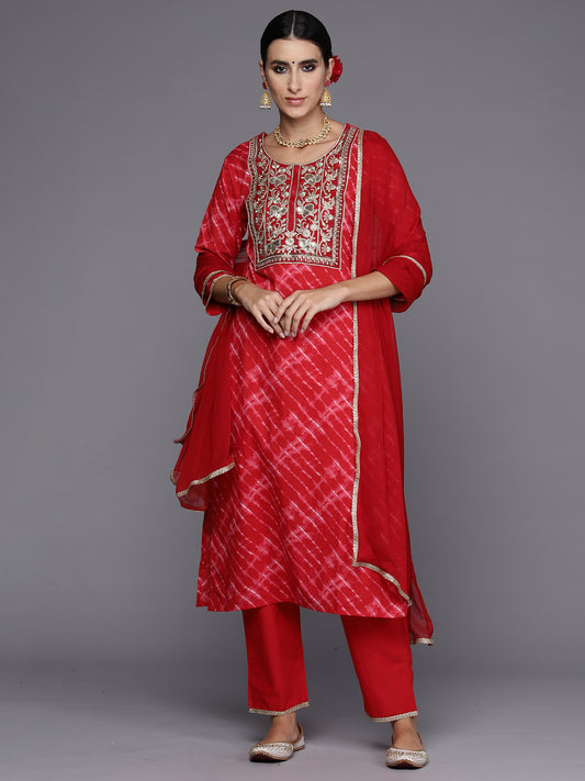 Indo Era Red Embroidered Straight Kurta Palazzos With Dupatta Set