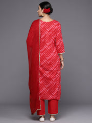 Indo Era Red Embroidered Straight Kurta Palazzos With Dupatta Set