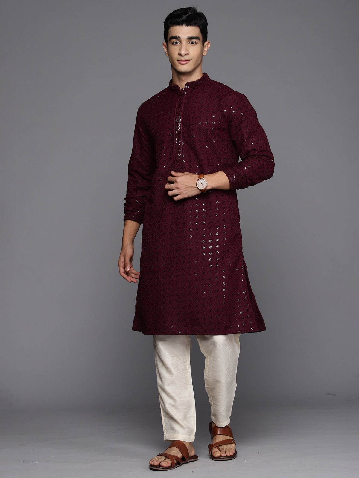 Men Burgundy Floral Cotton Embroidered Straight Kurtas