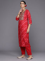 Indo Era Red Embroidered Straight Kurta Palazzos With Dupatta Set