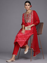 Indo Era Red Embroidered Straight Kurta Palazzos With Dupatta Set