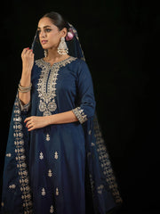 Navy Blue Embroidered Straight Kurta Trousers With Dupatta set