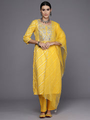 Indo Era Yellow Embroidered Straight Kurta Trousers With Dupatta Set