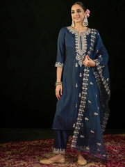 Navy Blue Embroidered Straight Kurta Trousers With Dupatta set