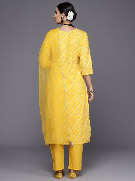 Indo Era Yellow Embroidered Straight Kurta Trousers With Dupatta Set