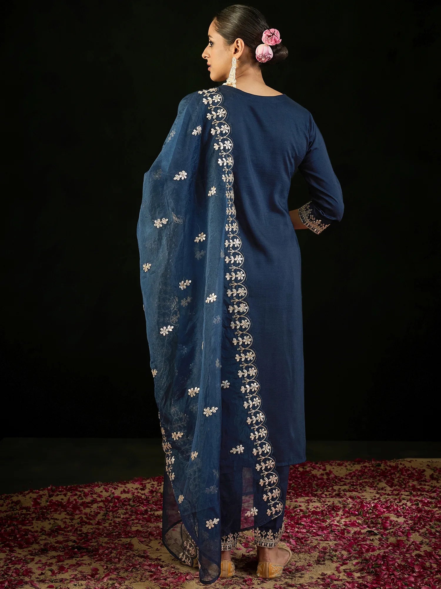 Navy Blue Embroidered Straight Kurta Trousers With Dupatta set