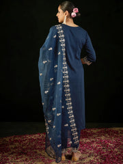 Navy Blue Embroidered Straight Kurta Trousers With Dupatta set