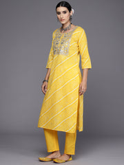 Indo Era Yellow Embroidered Straight Kurta Trousers With Dupatta Set