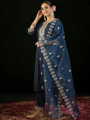 Navy Blue Embroidered Straight Kurta Trousers With Dupatta set