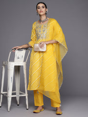 Indo Era Yellow Embroidered Straight Kurta Trousers With Dupatta Set