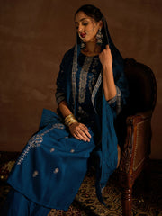 Teal Embroidered Straight Kurta Trousers With Dupatta set