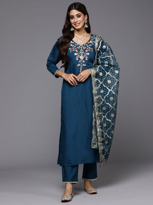 Indo Era Blue Embroidered Straight Kurta Trousers With Dupatta Set