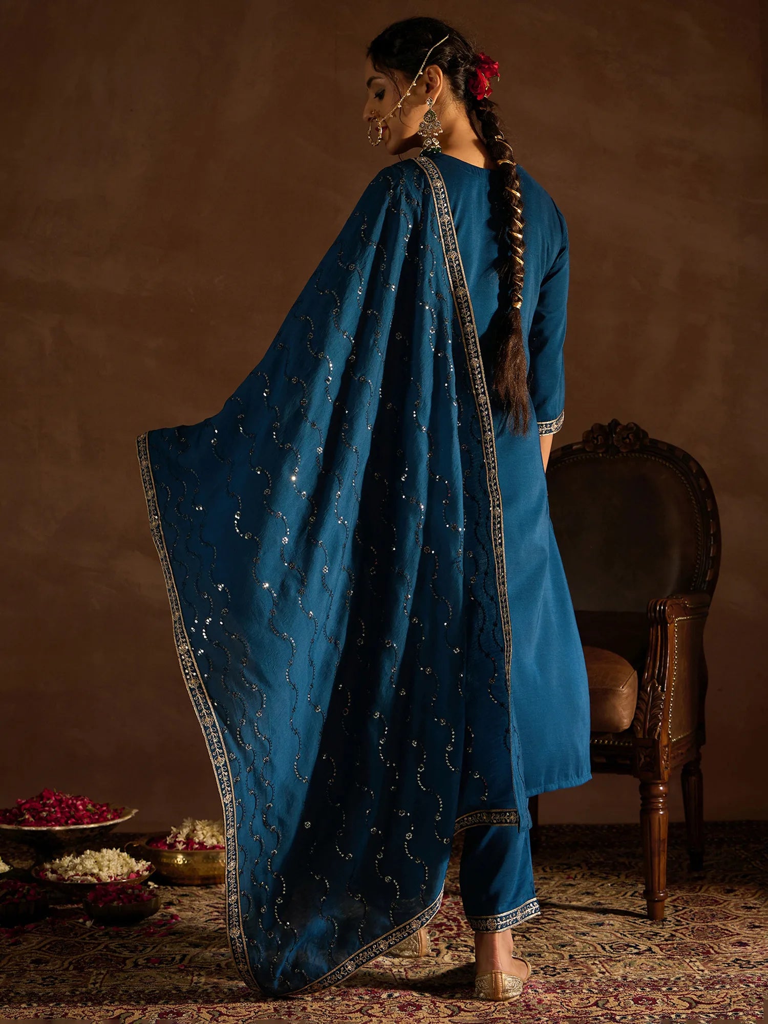 Teal Embroidered Straight Kurta Trousers With Dupatta set