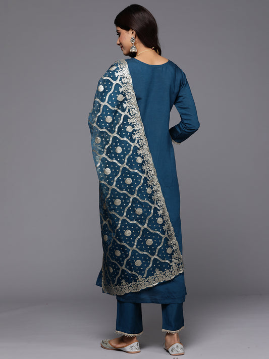 Indo Era Blue Embroidered Straight Kurta Trousers With Dupatta Set