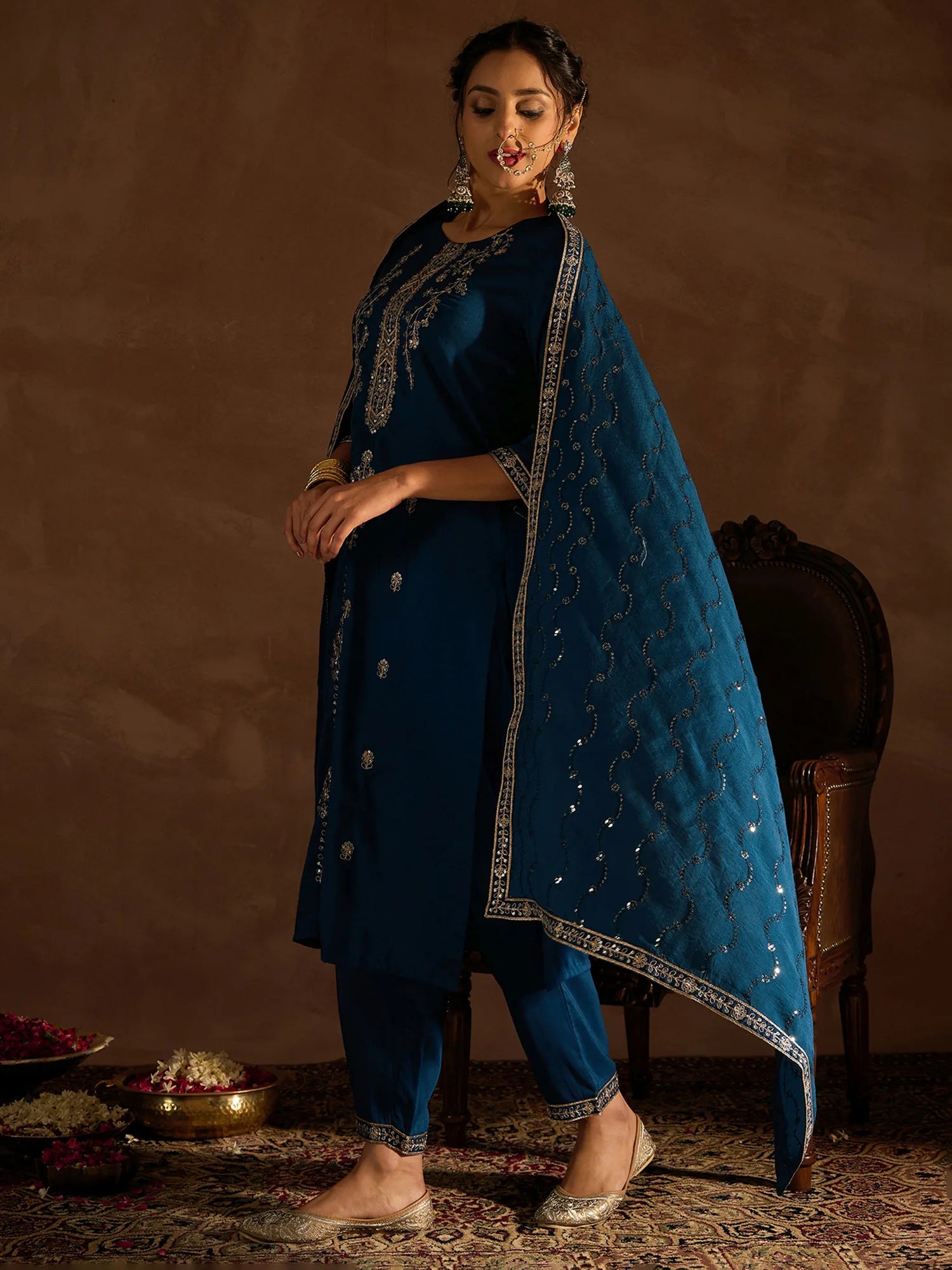 Teal Embroidered Straight Kurta Trousers With Dupatta set