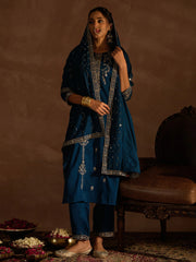 Teal Embroidered Straight Kurta Trousers With Dupatta set