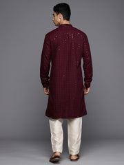 Men Burgundy Floral Cotton Embroidered Straight Kurtas